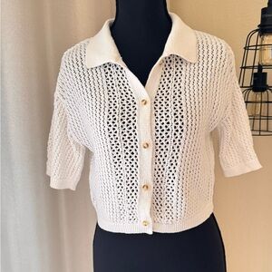 By Anthropologie XS Crochet Collared Beach Sweater Top Short Sleeve Boho Chic